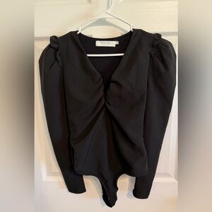 Astr Black Puff-Sleeve Twist-Front Bodysuit
